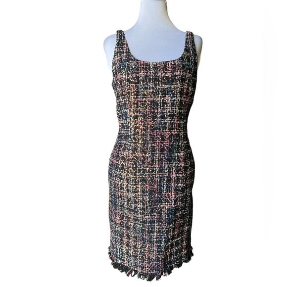 Boston Proper Womens Size 8 Black Multicolor Tweed Sequin Fringe Hem Dress - Picture 1 of 8